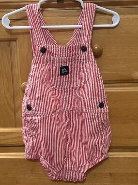 OshKosh B'gosh Boys Red & White Striped Linen/Cotton Bubble Overalls Size 24M